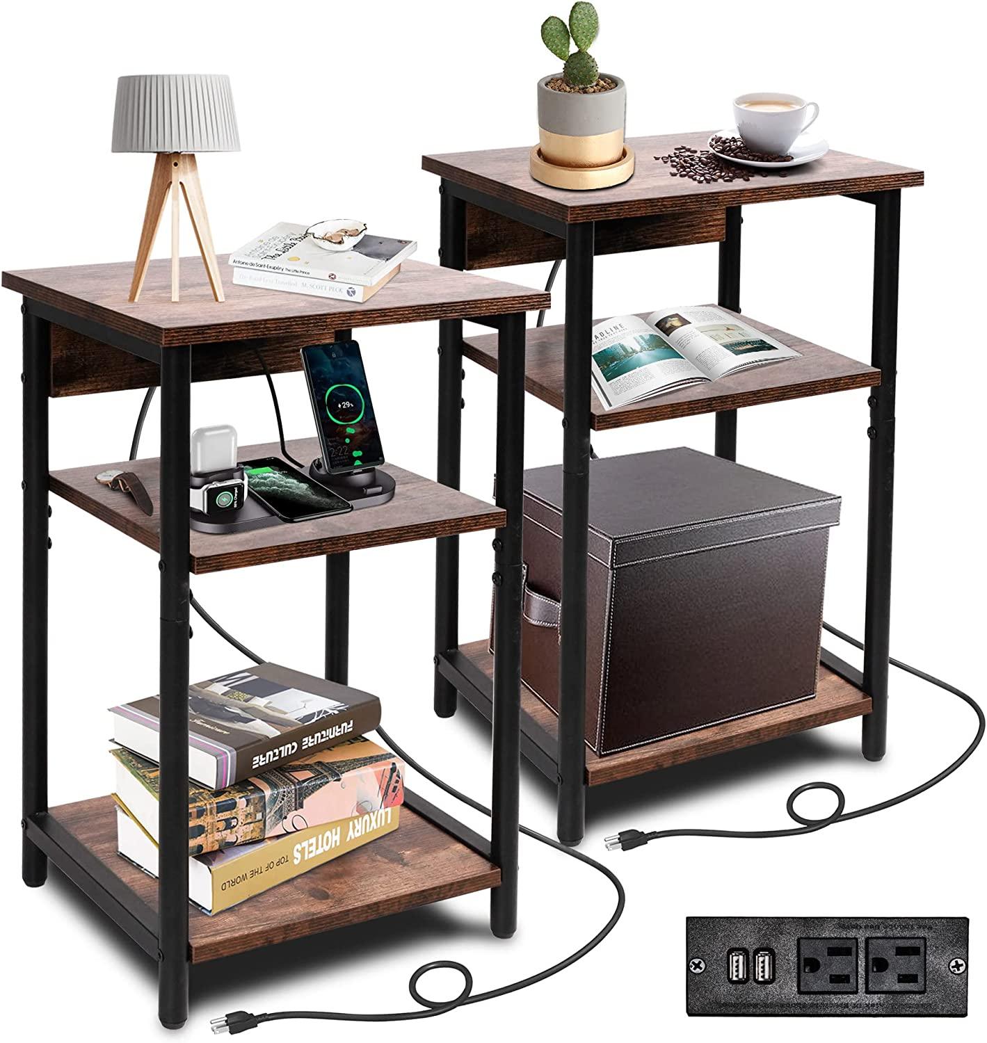 Nightstand Set of 2, 3-Tier End Side Table with Charging Station, Stable Metal Frame Capacity Up to 110 lbs for Living Room Bedroom Small Spaces - Bosonshop
