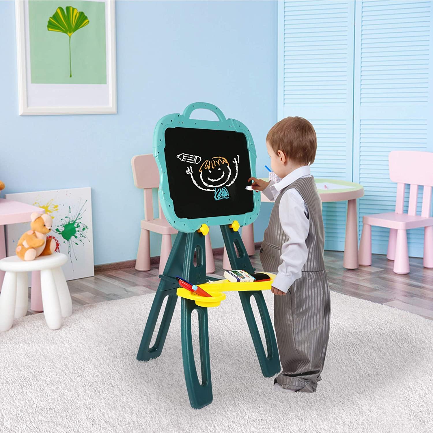 Standing Easel Board For Kids, 3 in 1 Dry Erase White Board, Magnetic Board And Chalkboard Art Activity Drawing With Extra Accessories For Kid, Blue - Bosonshop