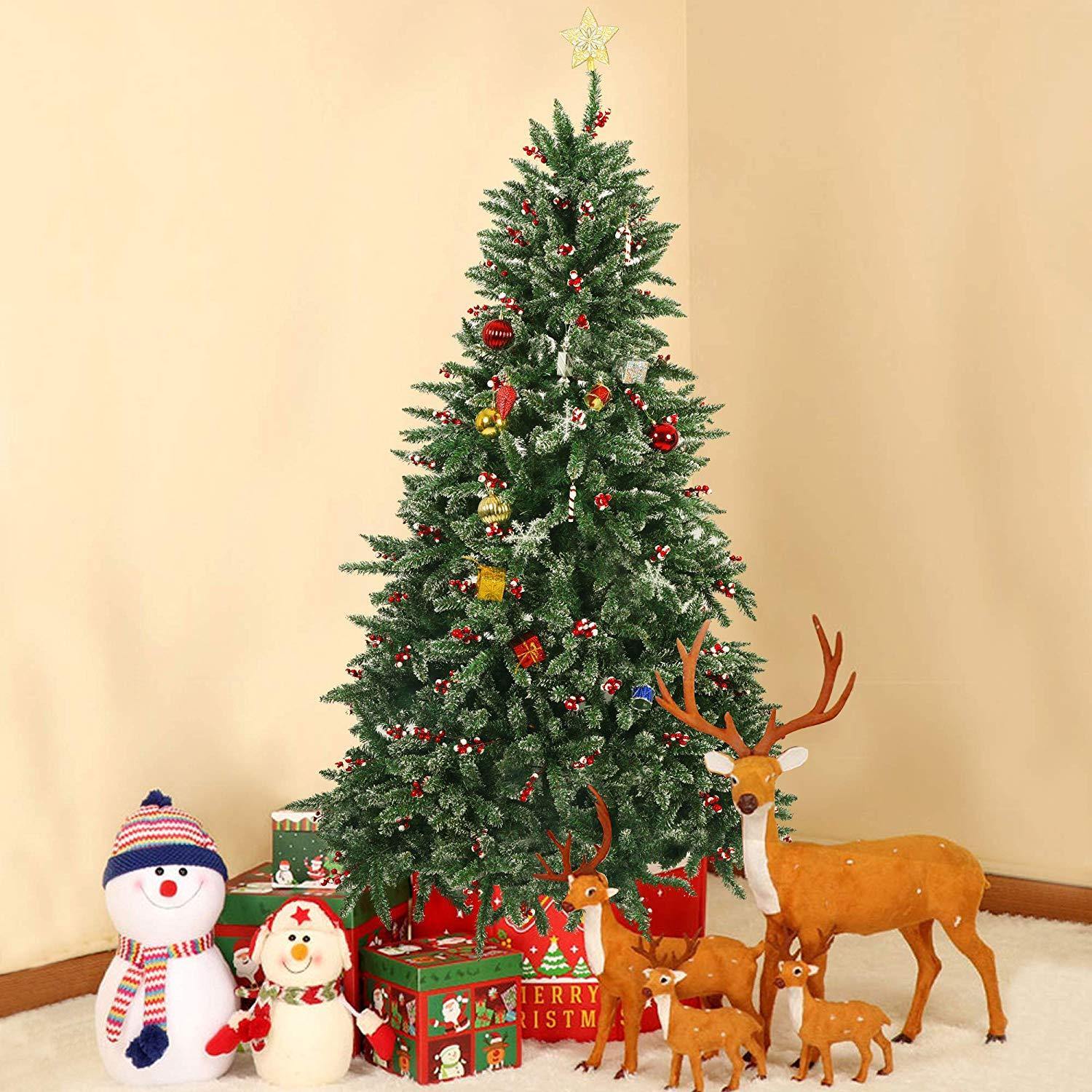 Bosonshop 7 ft Artificial Christmas Tree Snow Flocked 1390 Tips Pine Decoration with Red Cheery