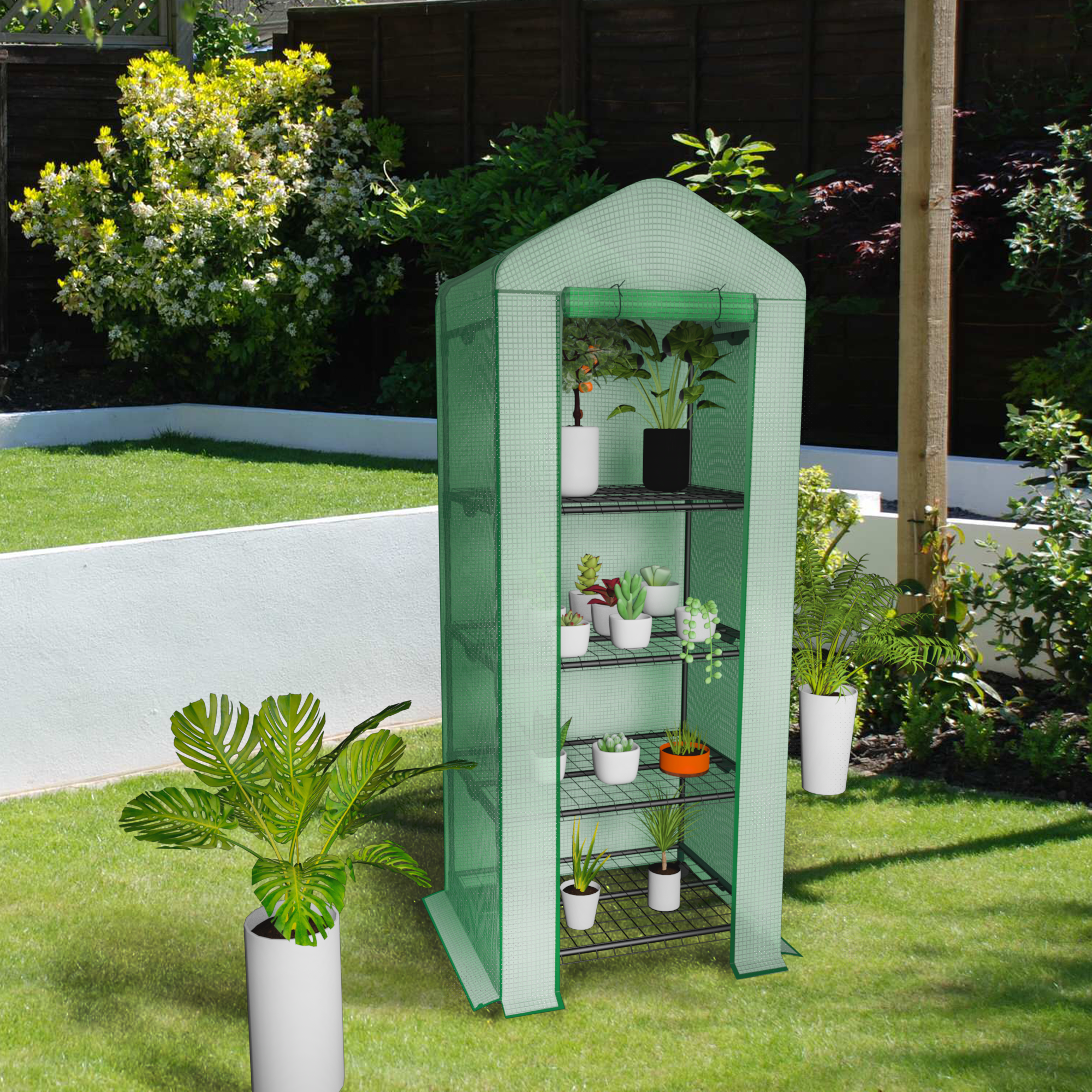 4-Tier Mini Greenhouse on Casters, Outdoor and Indoor Gardening Plant Greenhouse, Sturdy Gardening Shelves with PVC Cover and Rolling Zipper Door, Green, 27''Lx19.3''Wx62.2''H