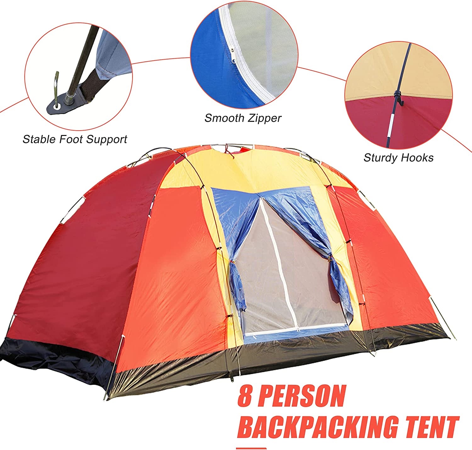 Outdoor Waterproof 8-Person Foldable Camping Tent w/ Carry Bag, Red