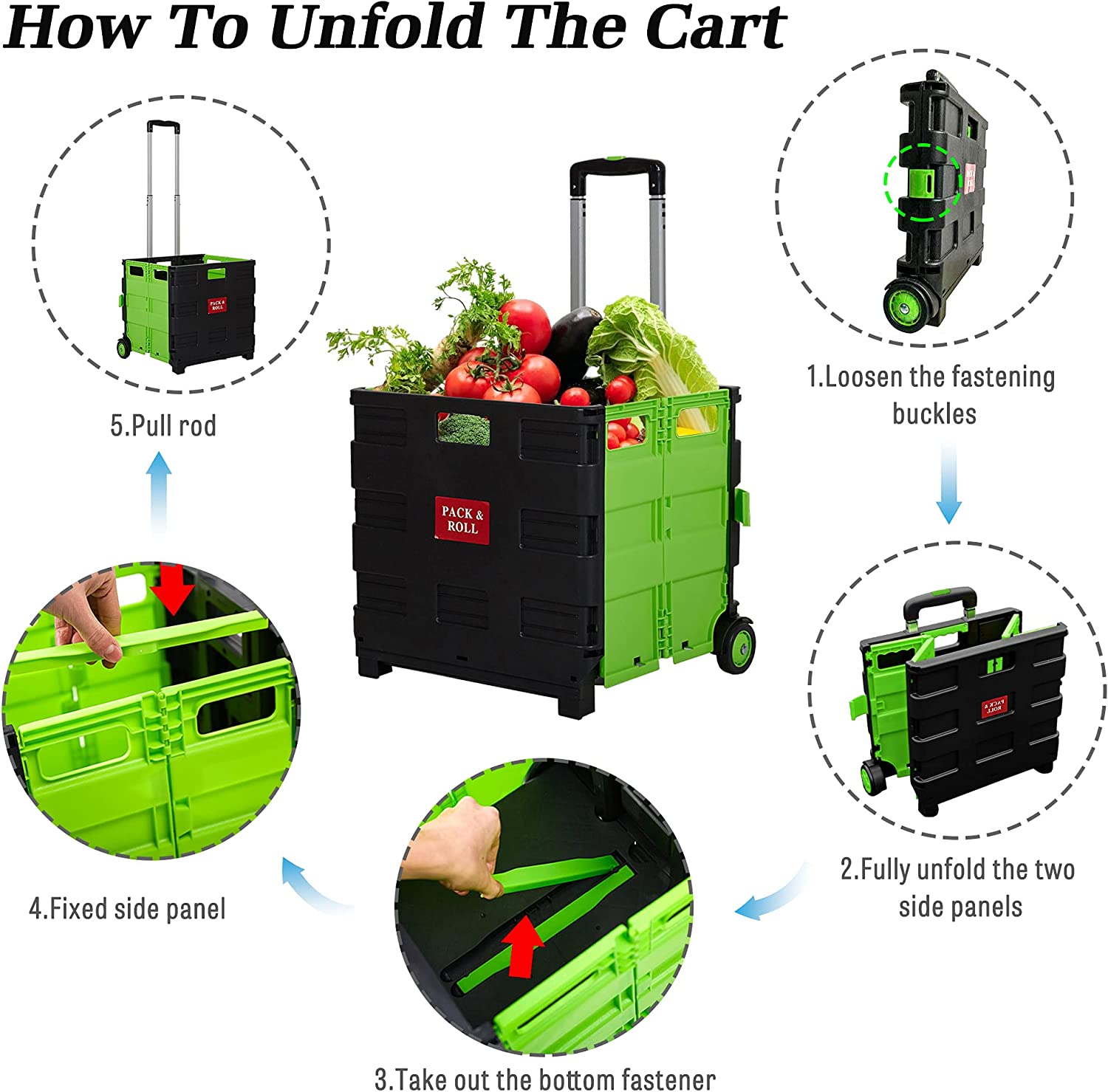 44L Medium Folding Rolling Utility Shopping Cart, Black & Green