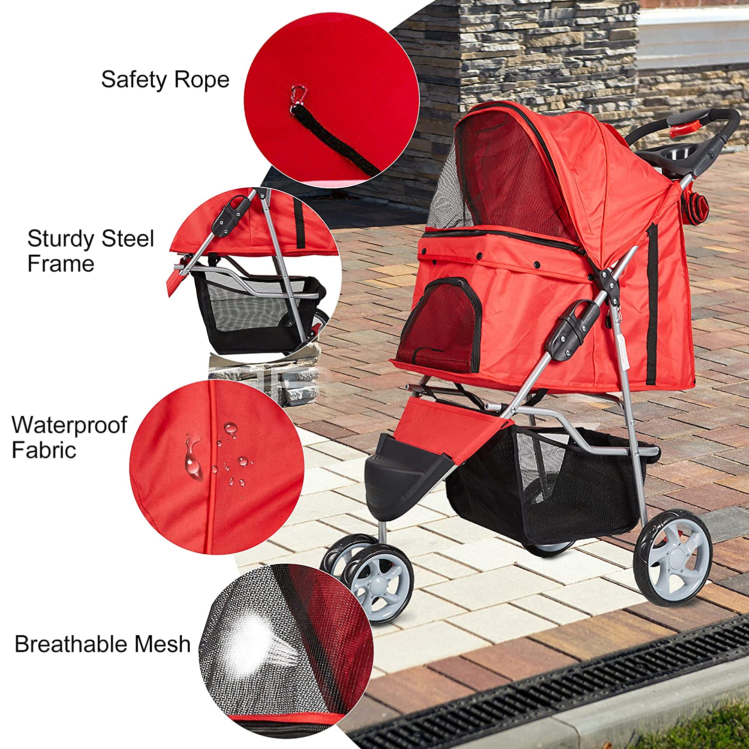 3 Wheels Pet Stroller for Dog Cat Small Animal Folding Walk Jogger Travel Carrier Cart, Red