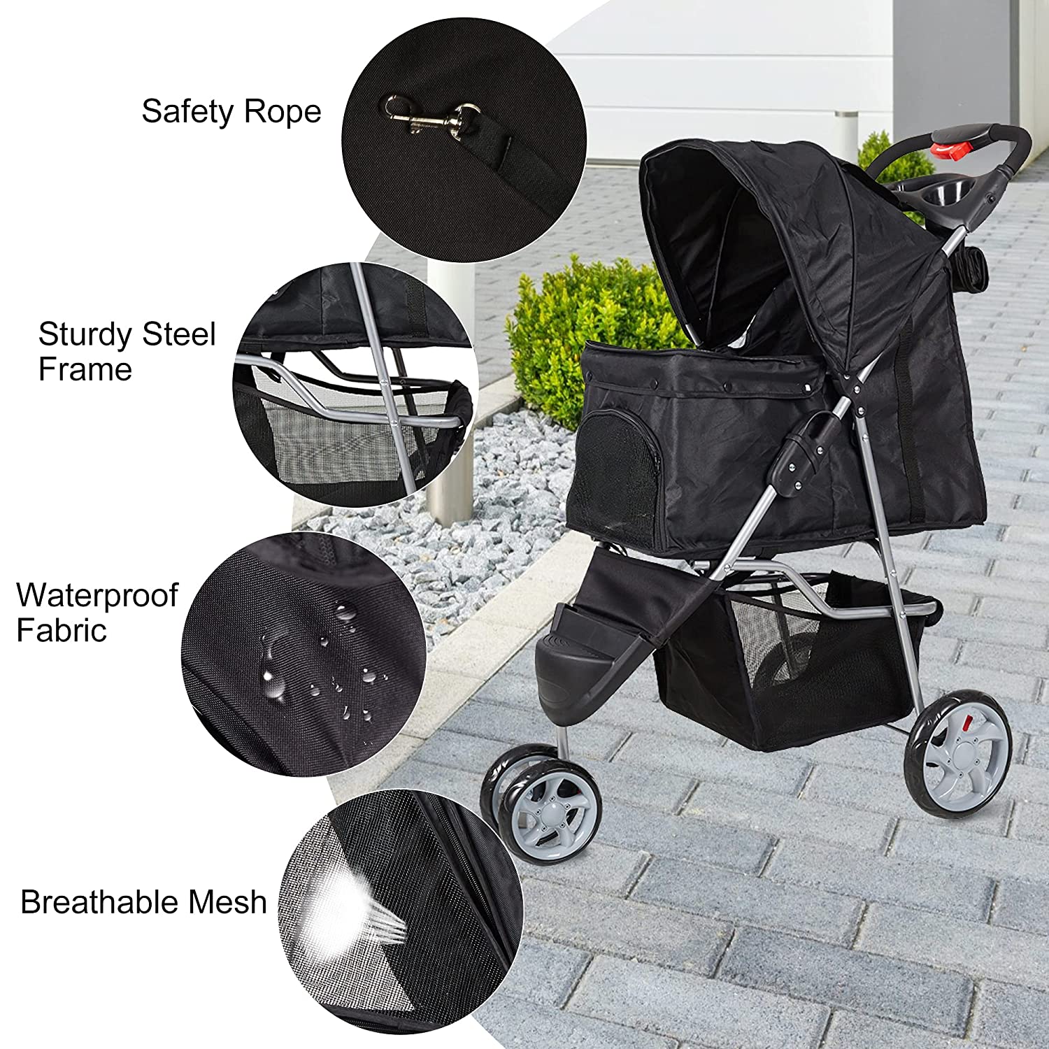(Out of Stock) Pet Stroller for Dog Cat Small Animal Folding Walk Jogger Travel Carrier Cart with Three Wheels, Black