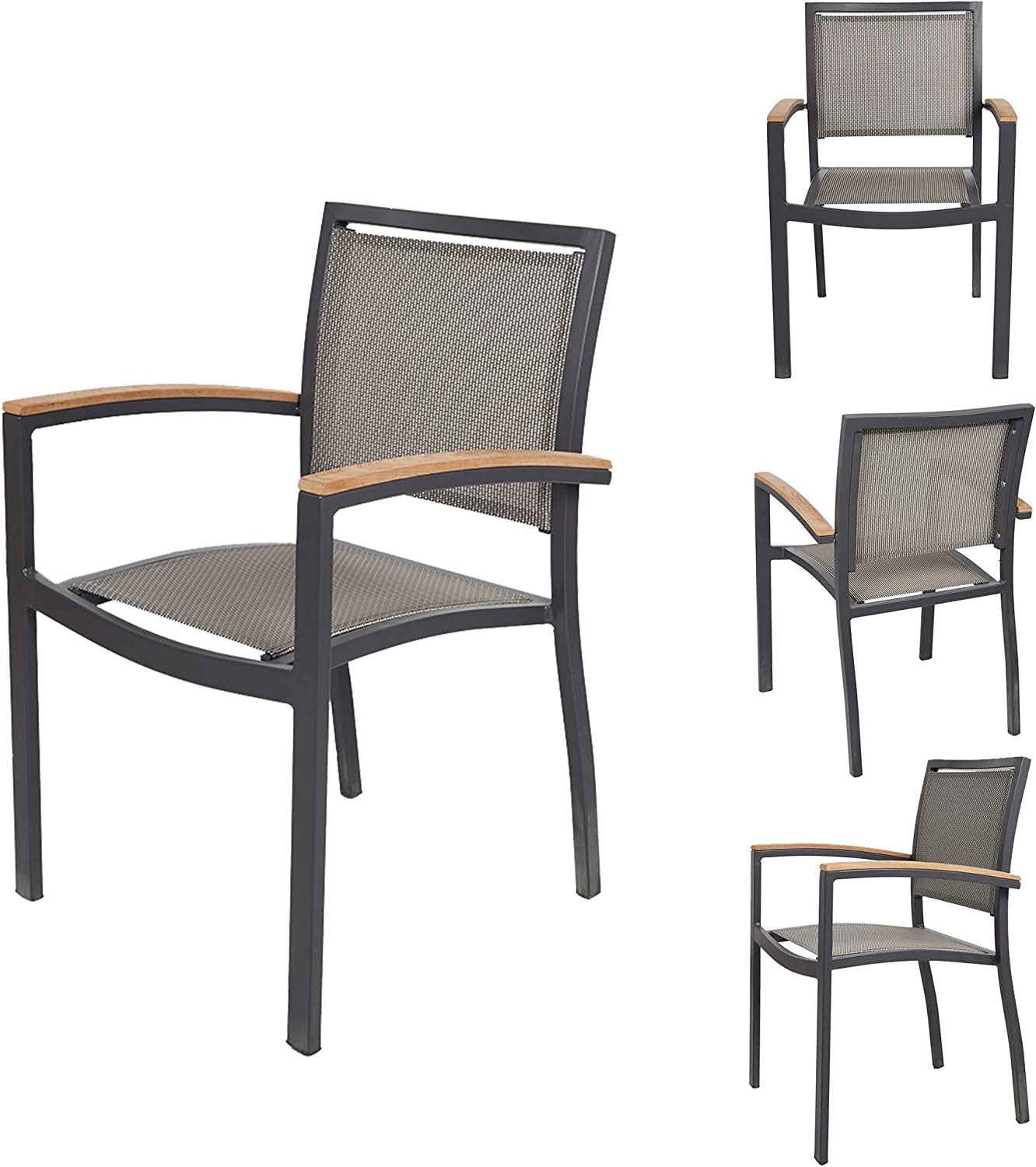 Outdoor Patio Dining Chairs with Teak Armrest,Textilene Mesh Fabric Aluminum Frame, Gray