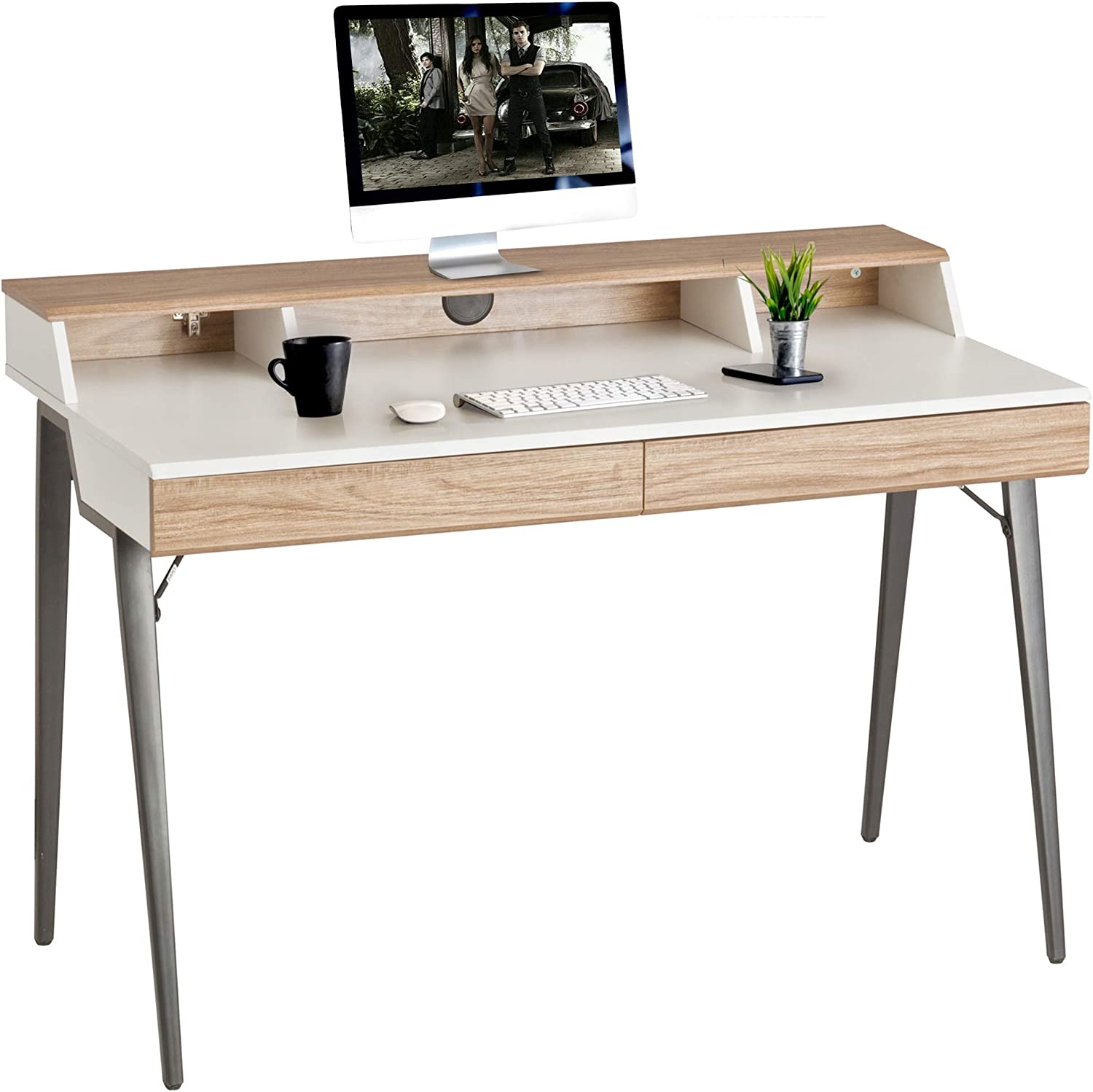 (Out of Stock) 47" Computer Desk with Monitor Shelf Home Office Desk with Drawers & Storage White Wood Small Writing Table Study