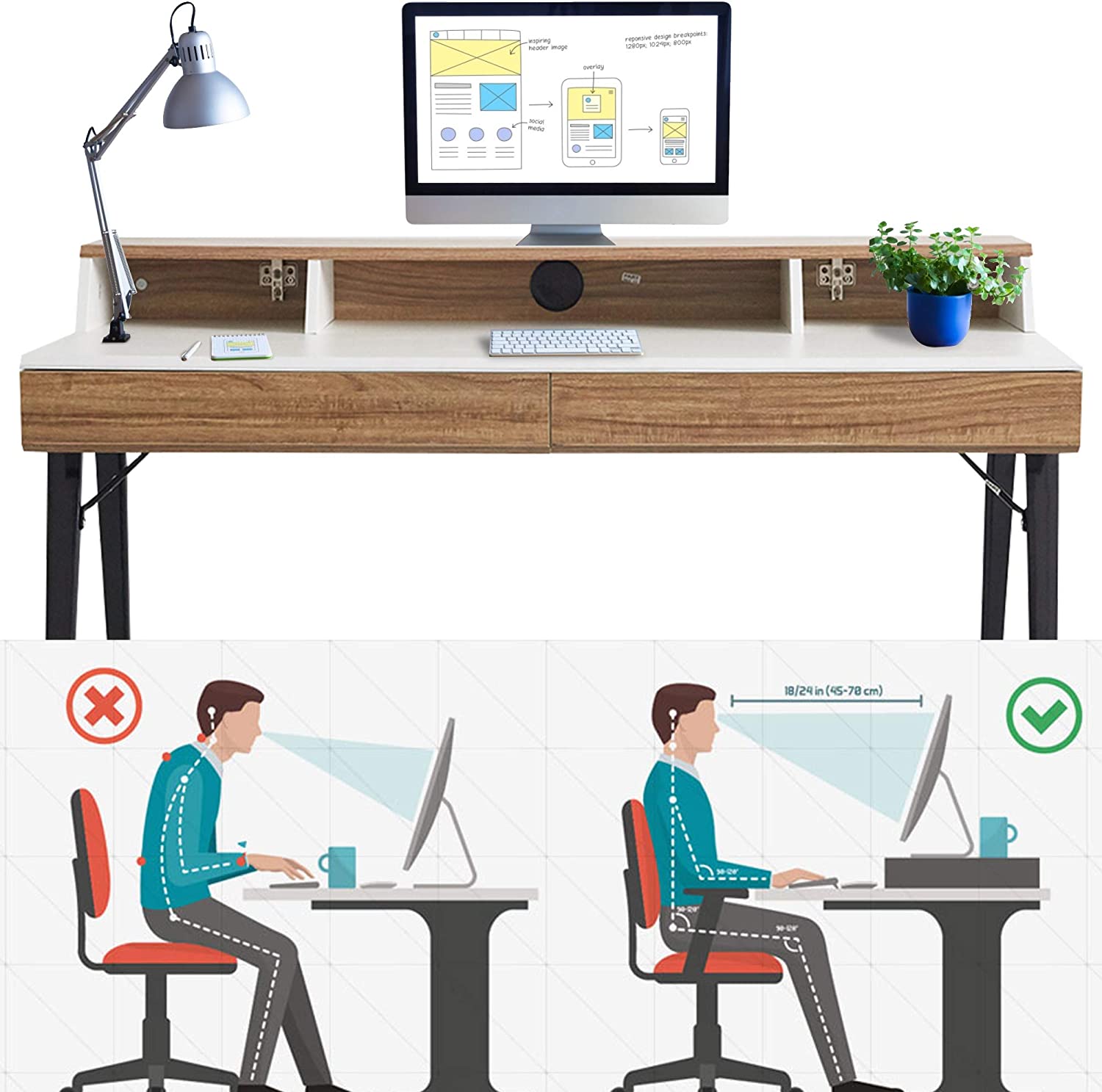 (Out of Stock) 47" Computer Desk with Monitor Shelf Home Office Desk with Drawers & Storage White Wood Small Writing Table Study - Bosonshop