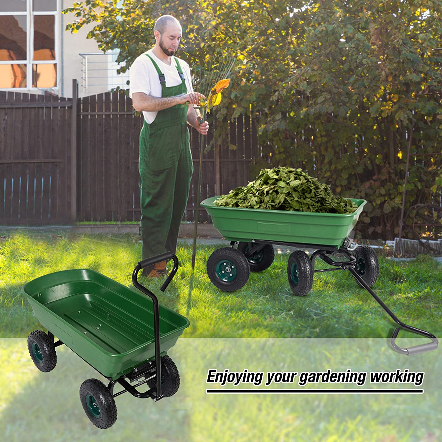 (Out of Stock) Folding Utility Wagon Poly Garden Dump Cart with Steel Frame and 10-Inch Pneumatic Tires, 550lbs Capacity, Green