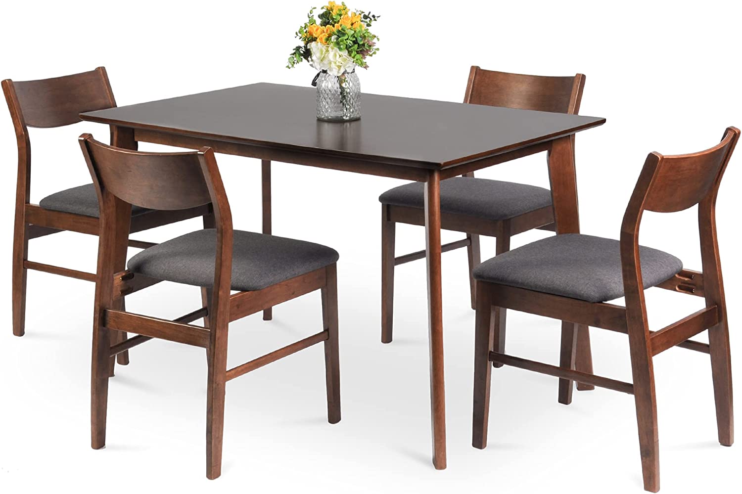5 Piece Wooden Dining Room Table Set Mid Century Modern Wood Dinette Set Kitchen Table and 4 Chairs with Cushion, Walnut - Bosonshop