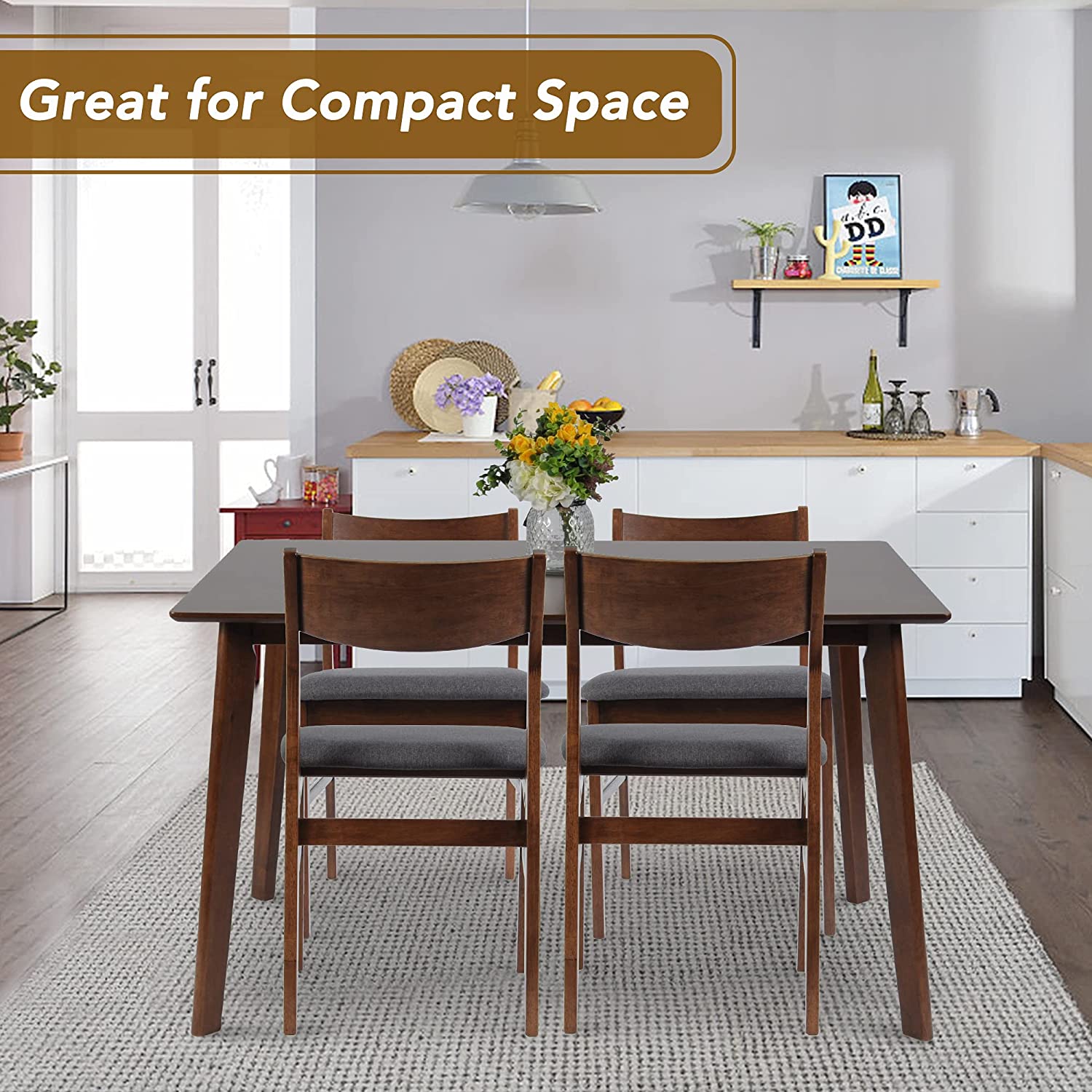 5 Piece Wooden Dining Room Table Set Mid Century Modern Wood Dinette Set Kitchen Table and 4 Chairs with Cushion, Walnut - Bosonshop