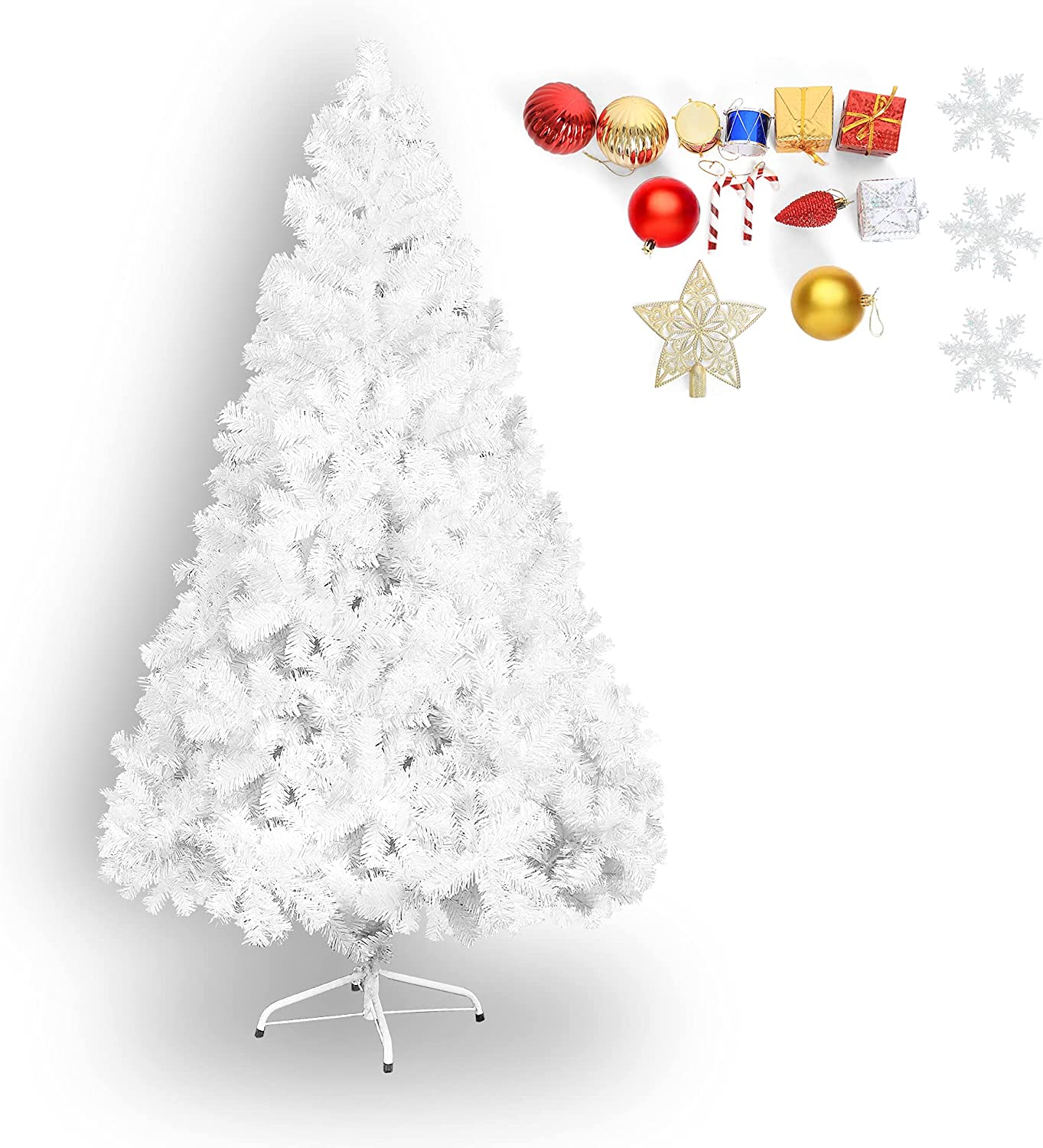 7' High Christmas Tree 1000 Tips Decorate Pine Tree with Metal Legs White & Decorations