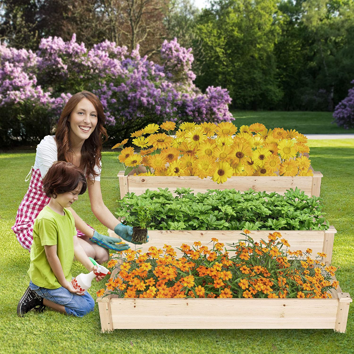 Wooden Raised Vegetable Garden Bed 3 Tier Elevated Planter Kit Outdoor Gardening