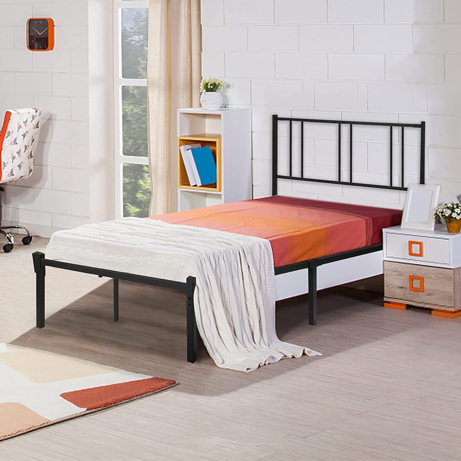 Twin Size Platform Bed with Headboard, Sturdy Metal Frame Noise Free, Easy to Assemble