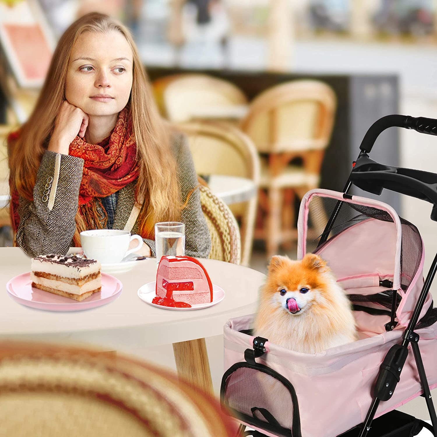 Foldable Pet Stroller with Detachable Carrier & Cup Holder for Small Dog/Cat, Pink