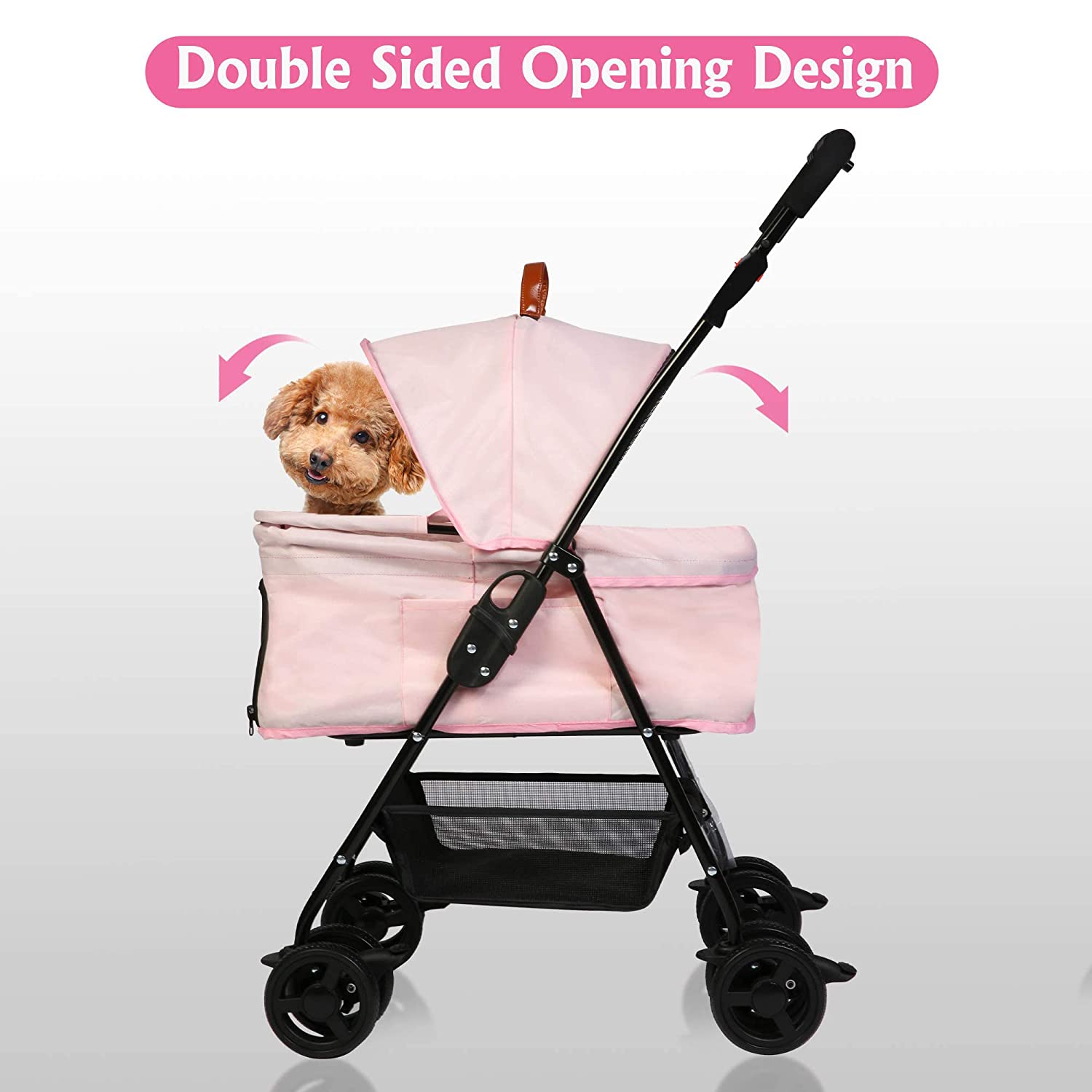 Foldable Pet Stroller with Detachable Carrier & Cup Holder for Small Dog/Cat, Pink