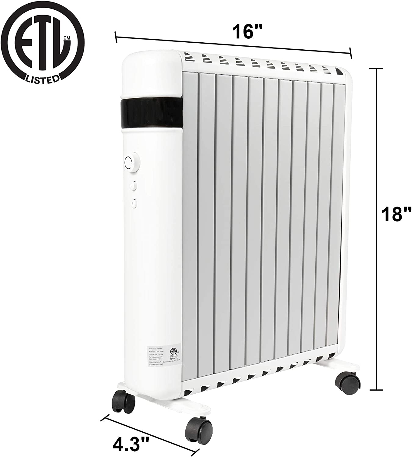 Electric Space Heater 1500W Panel Convector Heater with Wheels for Indoor Use Room Sizes up to 215ft.