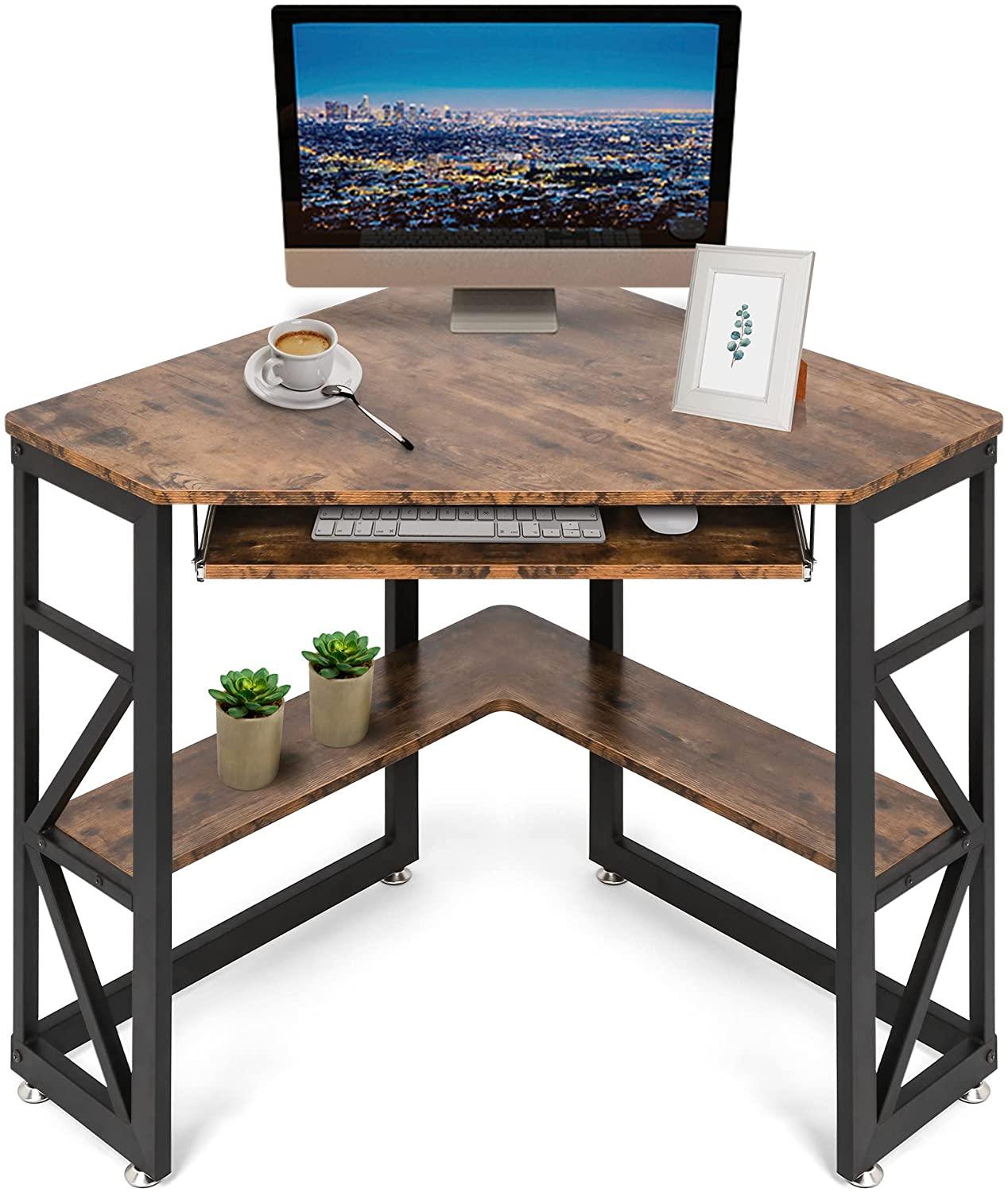 (Out of Stock) Triangle Computer Desk, Corner Desk w/ Keyboard Tray & Storage Shelves, Small Desk Steel Frame, Rustic Brown - Bosonshop