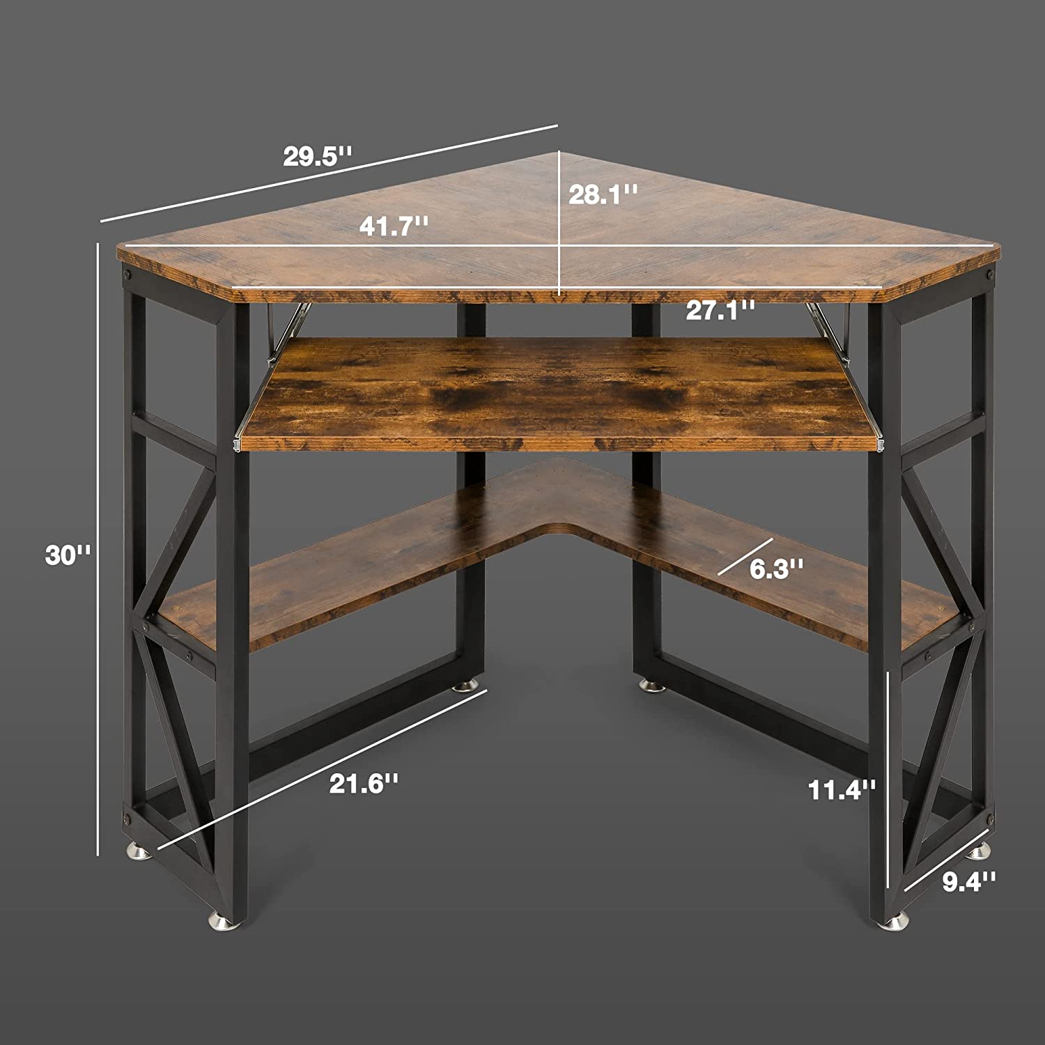 (Out of Stock) Triangle Computer Desk, Corner Desk w/ Keyboard Tray & Storage Shelves, Small Desk Steel Frame, Rustic Brown