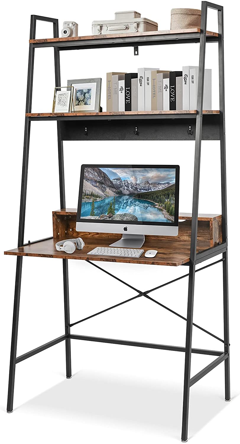 (Out of Stock) Computer Desk with Bookshelves 35.8" Office Desk Study Writing Gaming Table with Storage Shelf and 3 Hooks, Rustic Brown