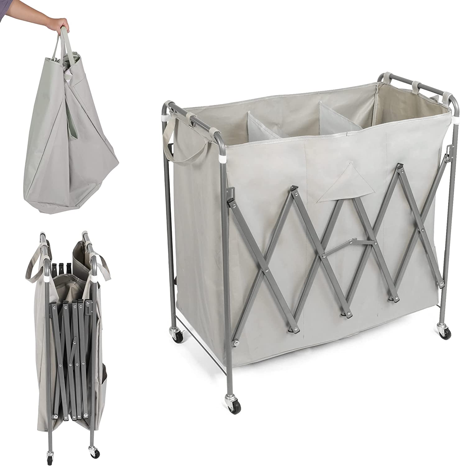 Folding 3 Sections Rolling Laundry Basket Laundry Cart Sorter Hamper w/ Lockable Wheels & Removable Bags, Grey - Bosonshop