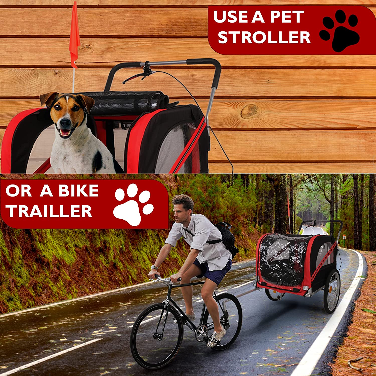 Dog Bike Trailer Cart 2 in 1 Pet Bicycle Stroller for Travel with Reflectors Parking Brake Breathable Protective Net, Red