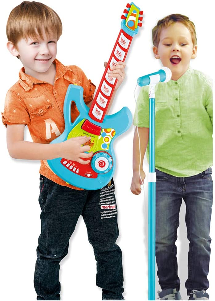 (Out of Stock) Kids Electric Guitar Play Set Toy with Microphone Speaker and Stand, Blue