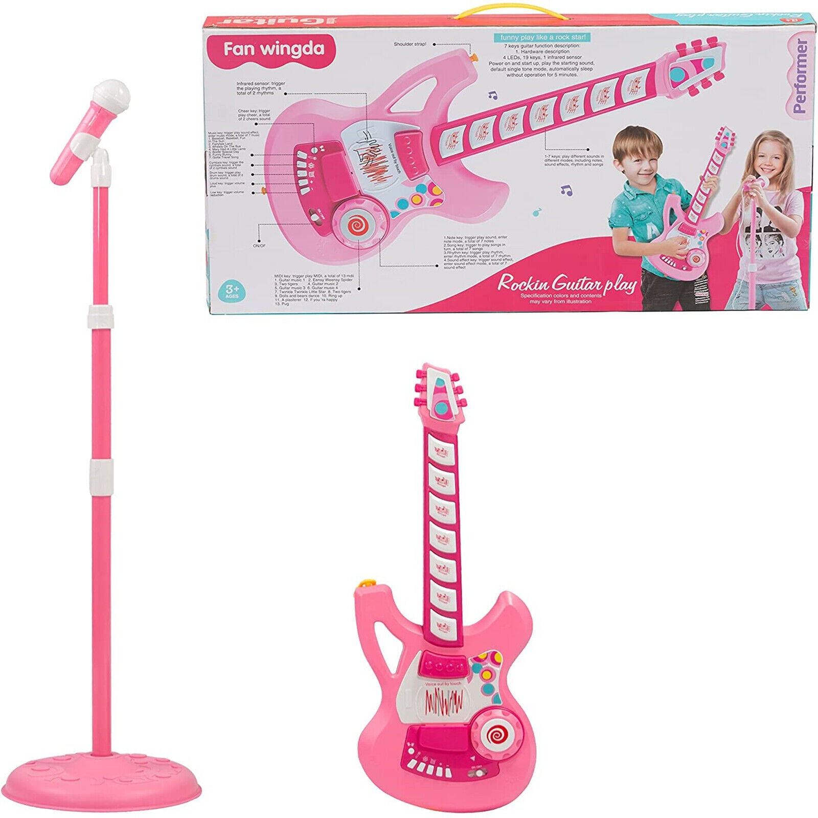 (Out of Stock) Kids Electric Guitar Beginner Kits Play Set with Microphone Speaker and Stand, Pink