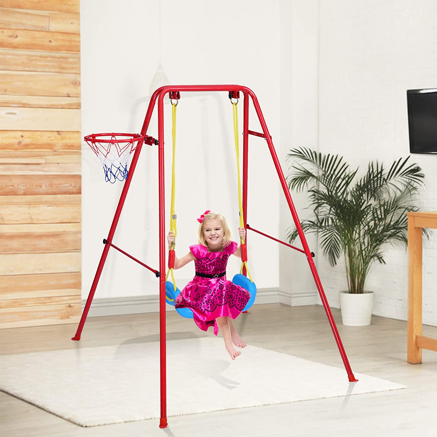 2 in 1 Metal Swing & Basketball Toddler Swing Set Kids Outdoor/Indoor Swing Seat Playset