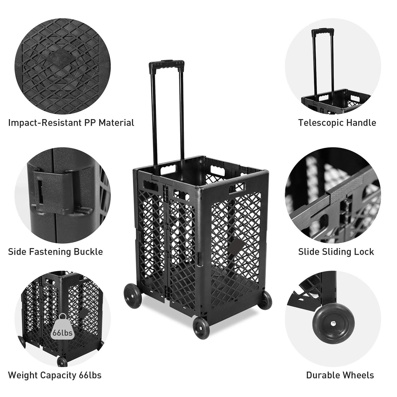 70L Foldable Rolling Cart Crate with Wheels Collapsible Basket with Telescopic Handle, Black