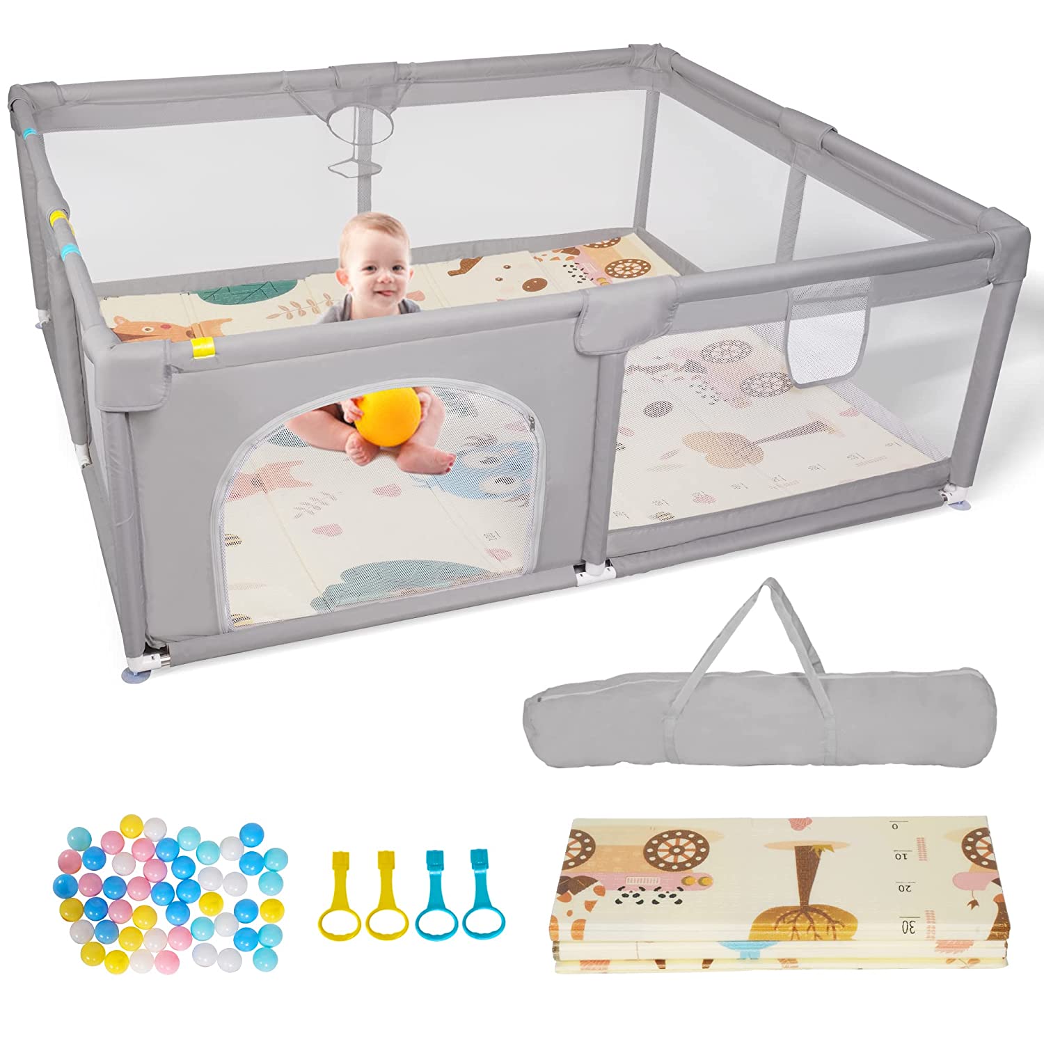 (Out of Stock) Portable Large Baby Playpen Fence Play Yards (71"x59") with Anti-Slip Bas, Mat Breathable & Mesh