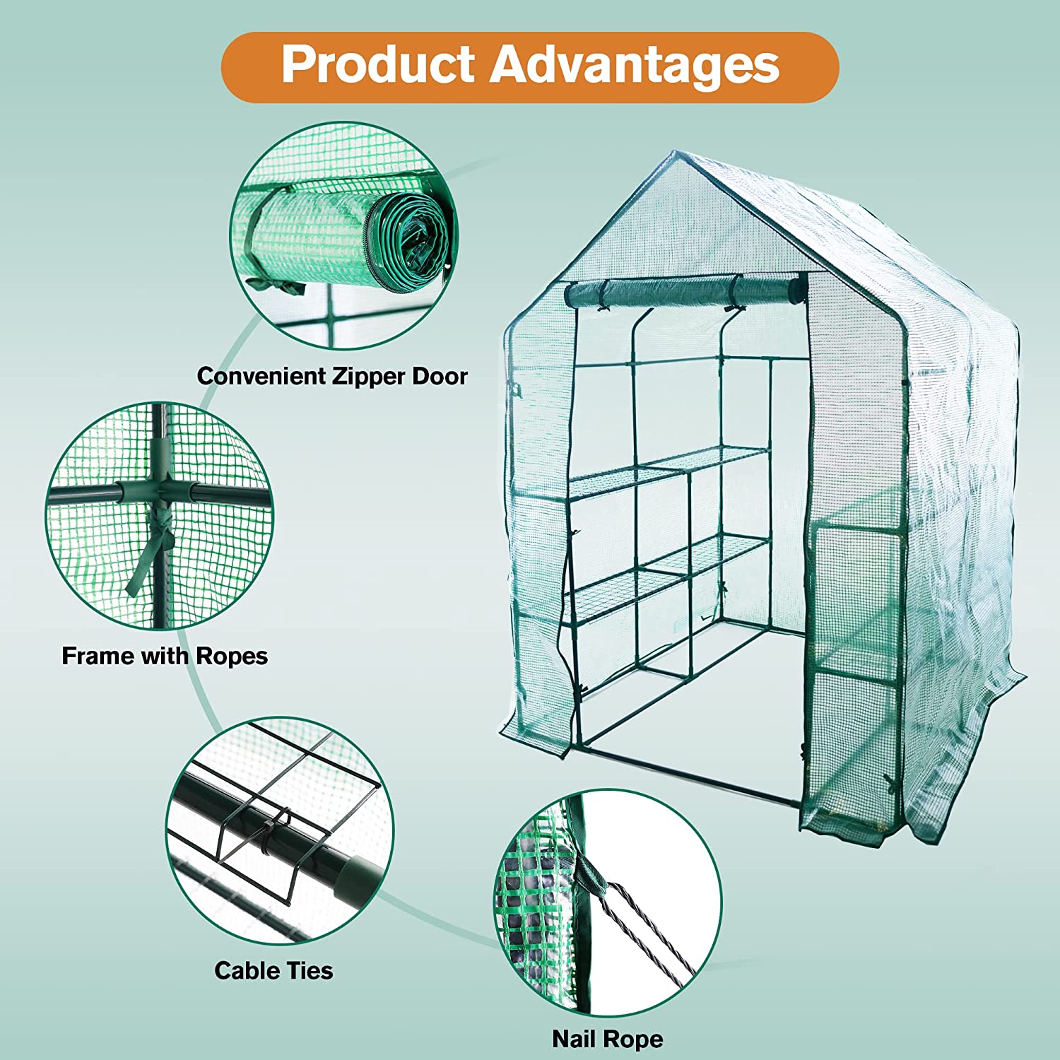 8 Shelves 3 Tiers Walk-in Greenhouse 56.3"L x 56.3"W x 76.8"H Portable Walk In Outdoor Planter House w/ Pegs Ropes