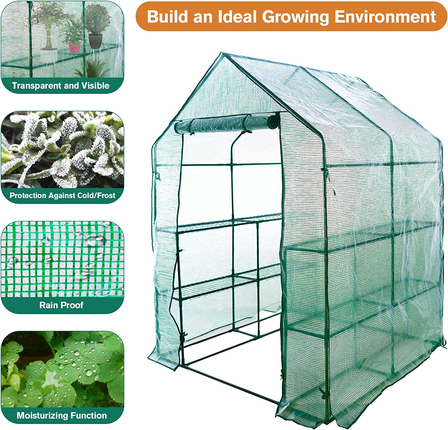 8 Shelves 3 Tiers Walk-in Greenhouse 56.3"L x 56.3"W x 76.8"H Portable Walk In Outdoor Planter House w/ Pegs Ropes