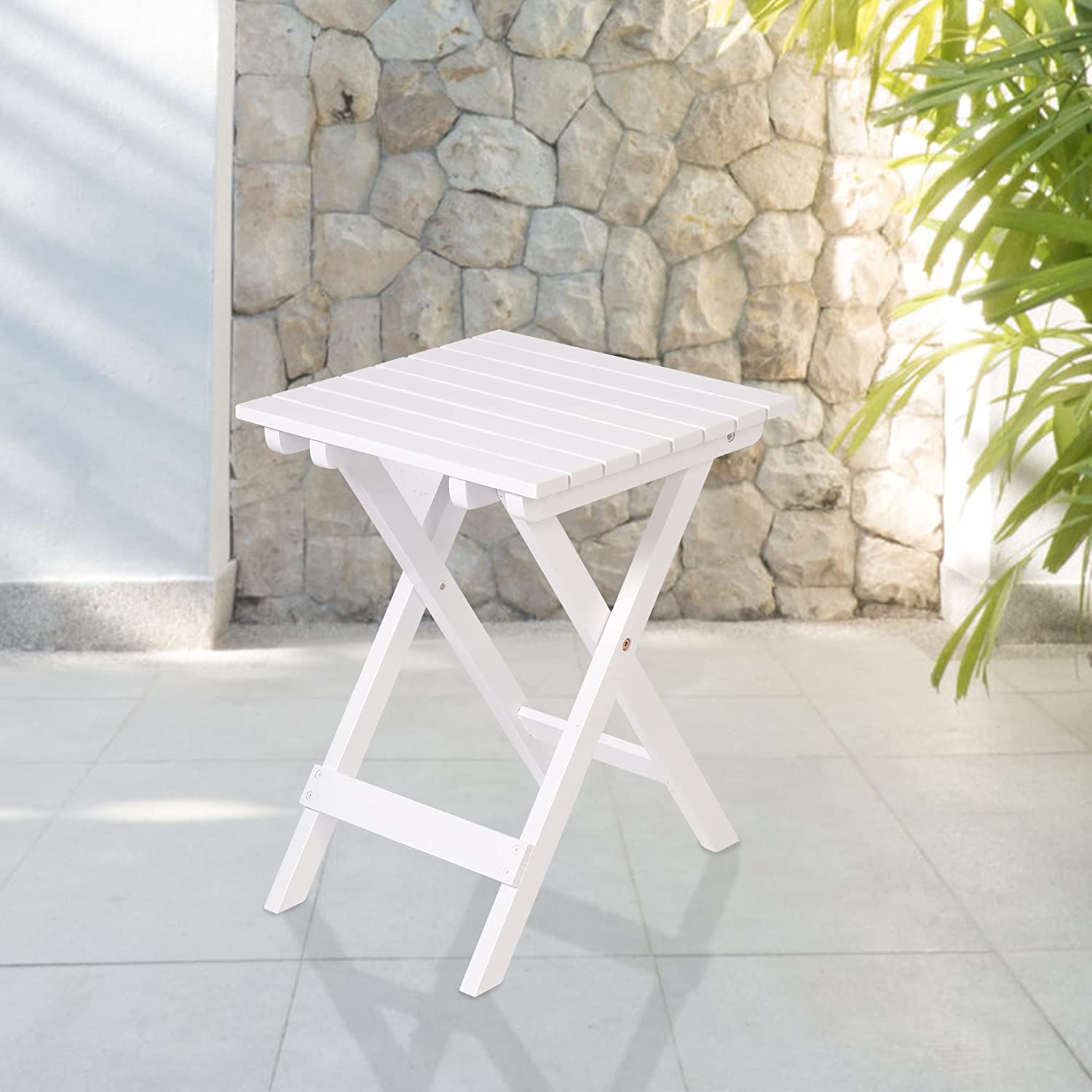 Outdoor Wooden Folding Square Side Table, Portable Lounge End Table, White