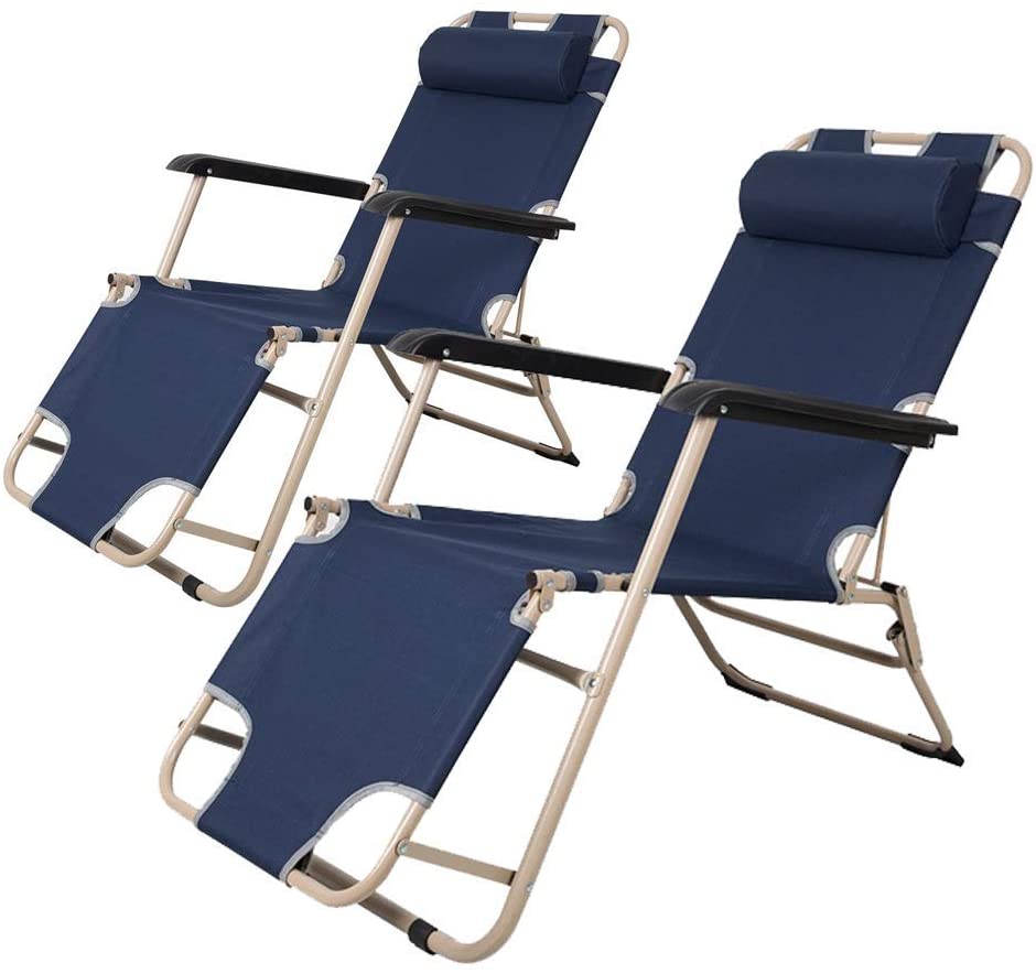 Set of 2 Outdoor Reclining Lounge Chairs Adjustable Folding Patio Recliners with Pillow Dark Blue