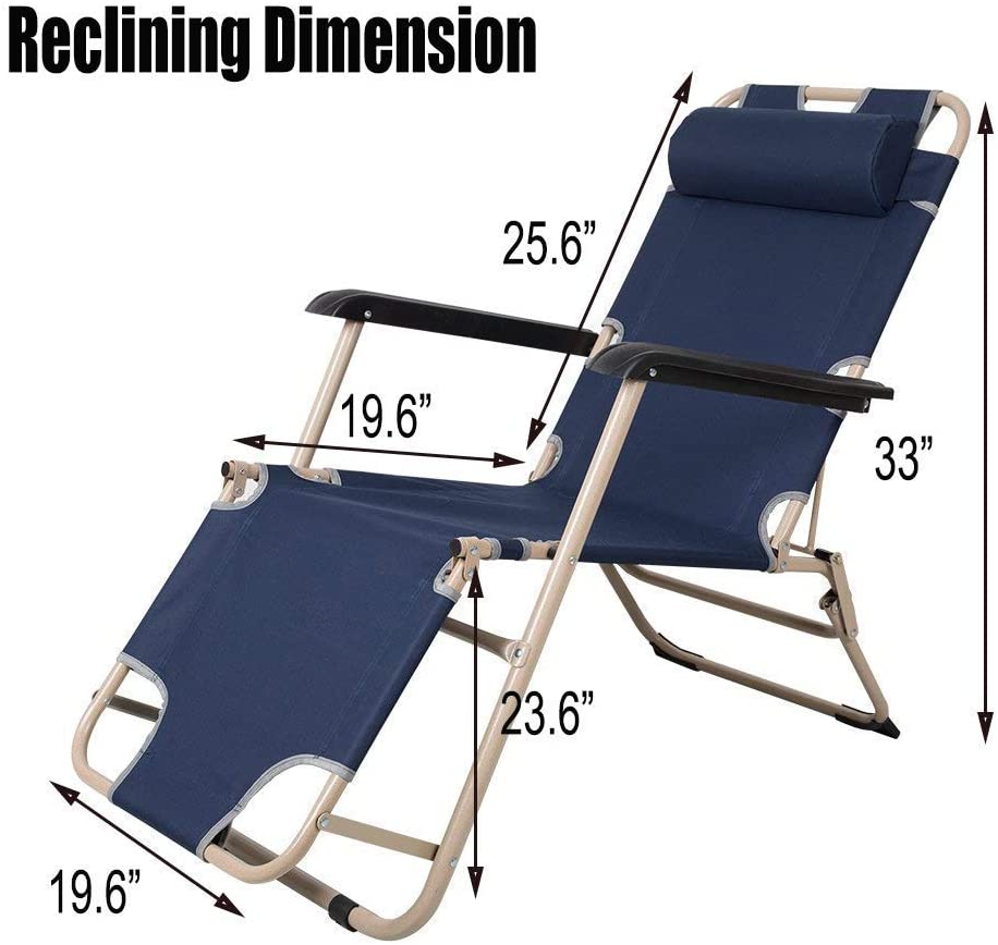 Set of 2 Outdoor Reclining Lounge Chairs Adjustable Folding Patio Recliners with Pillow, Dark Blue