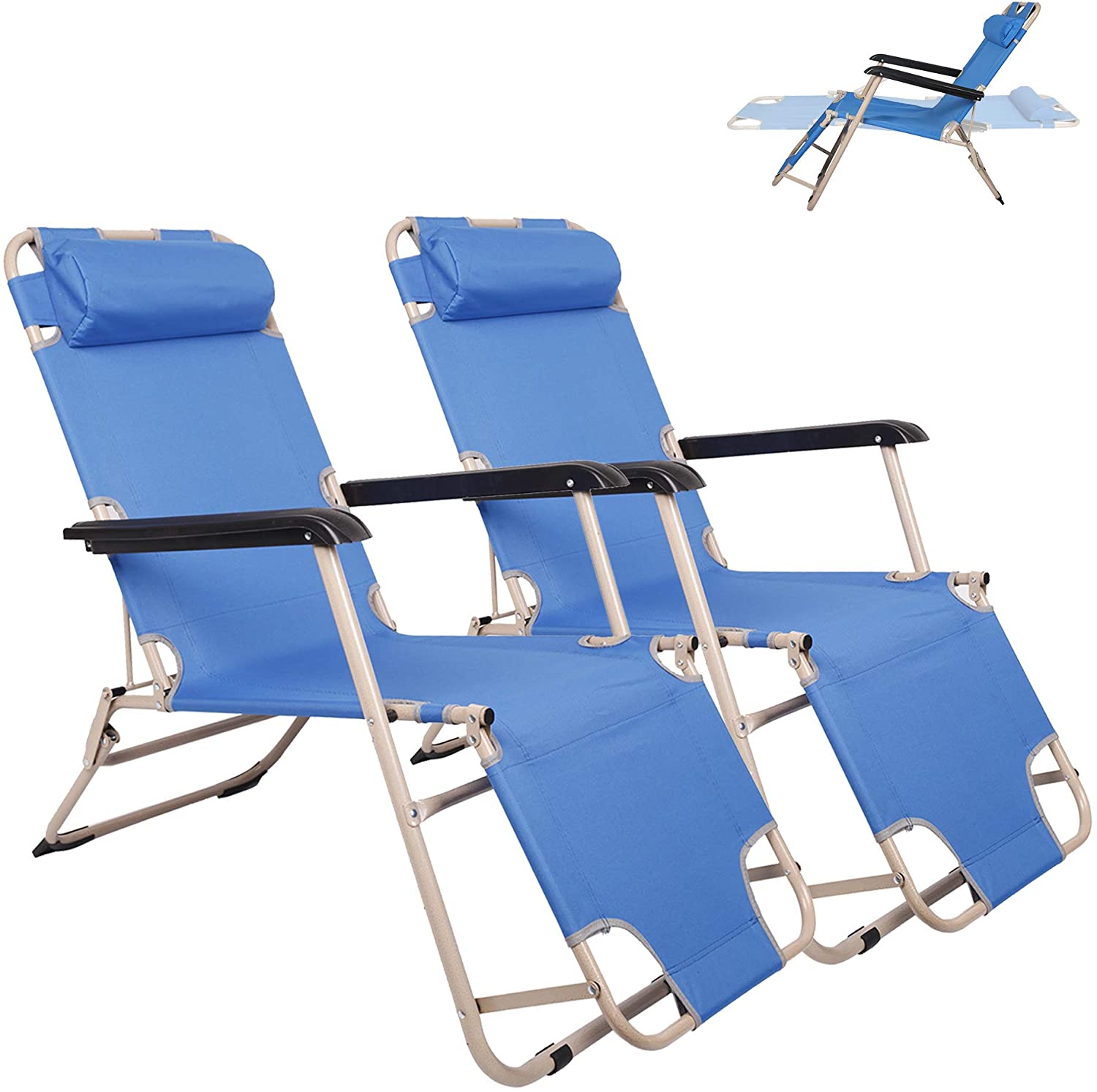 Set of 2 Portable Reclining Lounge Patio Chairs Folding Outdoor Chairs for Outdoor Lawn Beach Pool Camping, Blue