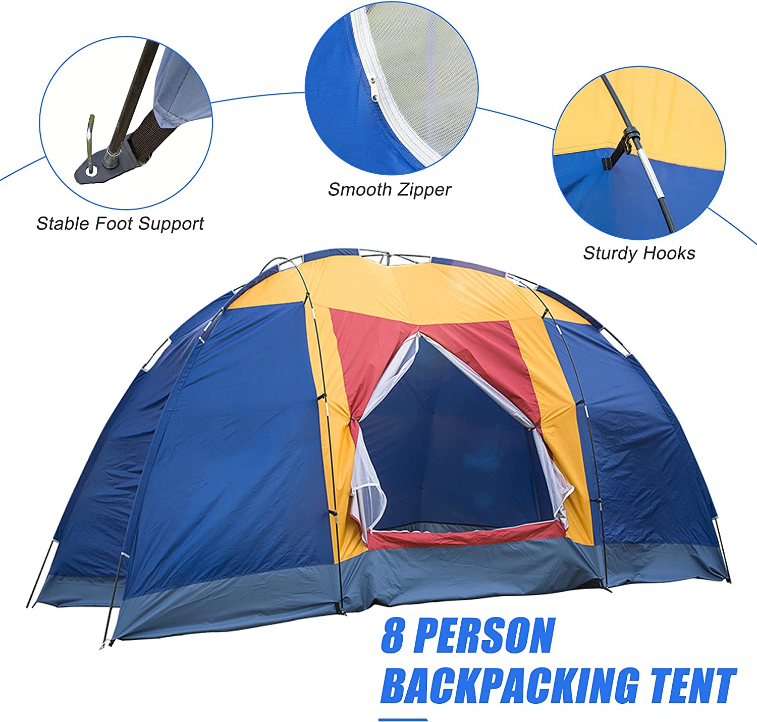 Outdoor Waterproof 8-Person Foldable Camping Tent w/ Carry Bag, Blue