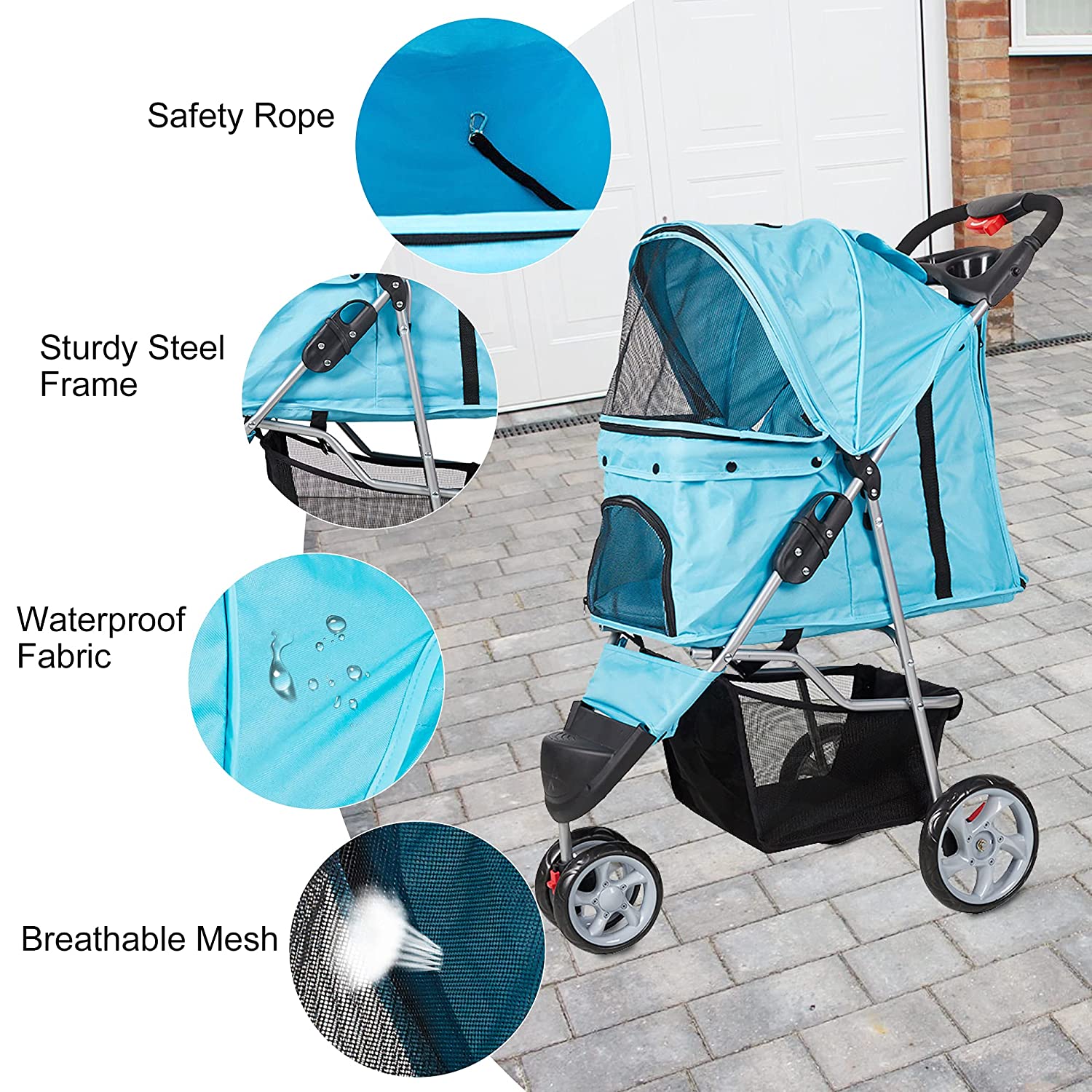 (Out of Stock) Pet Stroller for Dog Cat Small Animal Folding Walk Jogger Travel Carrier Cart with Three Wheels, Blue