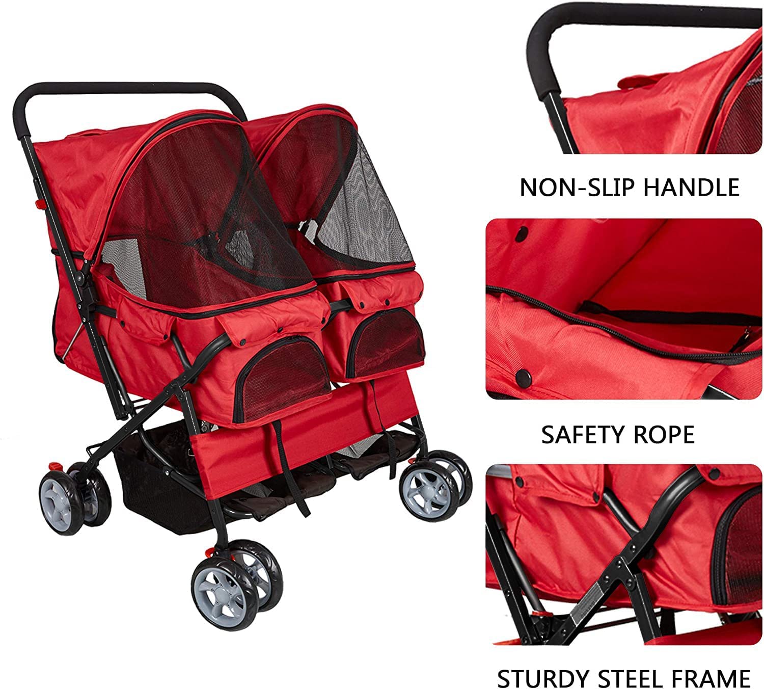 Double Folding Dog & Cat Stroller Two-Seater Pet Carrier Cart, Red - Bosonshop