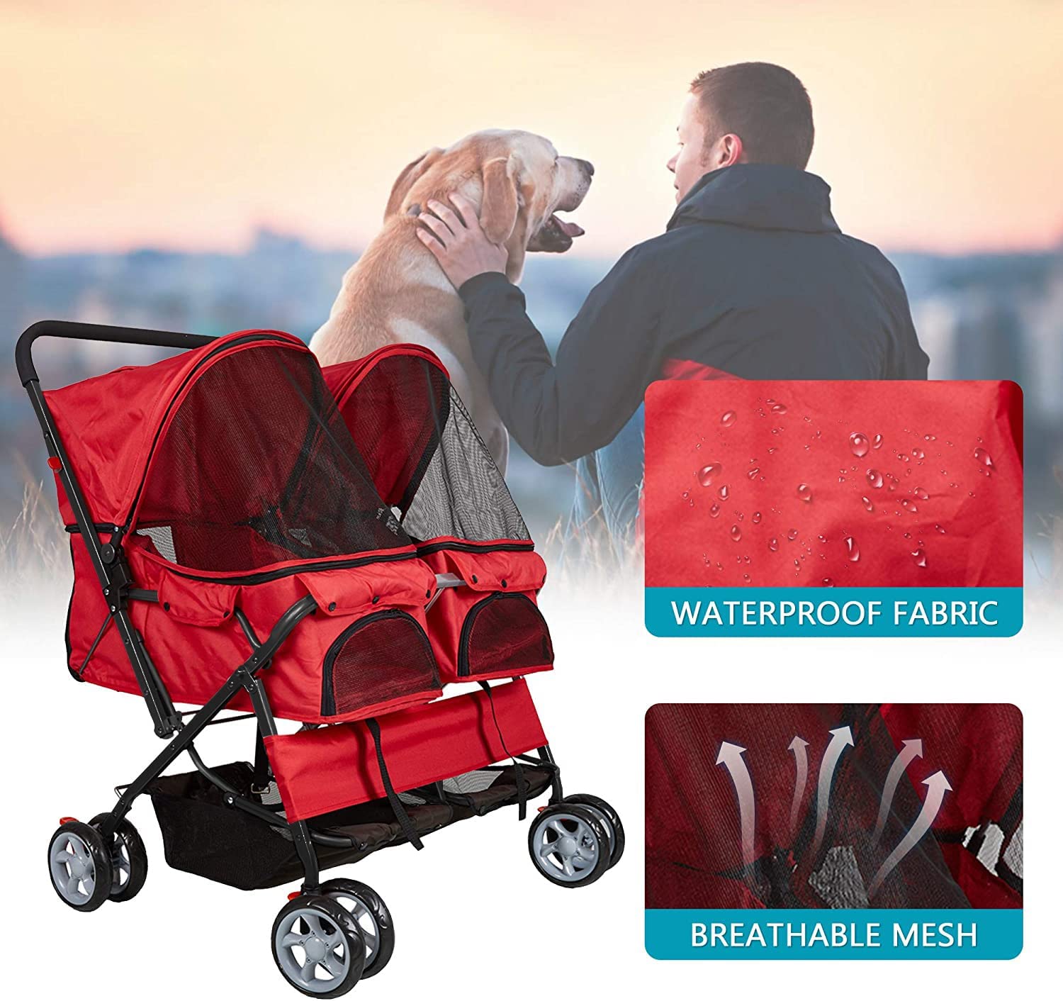 Double Folding Dog & Cat Stroller Two-Seater Pet Carrier Cart, Red - Bosonshop