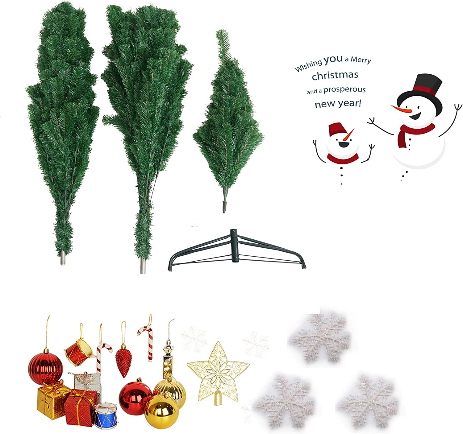 7' Christmas Pine Tree Artificial Fake Xmas Tree with Solid Metal Stand and Decoration for Festival Party Holiday, Green