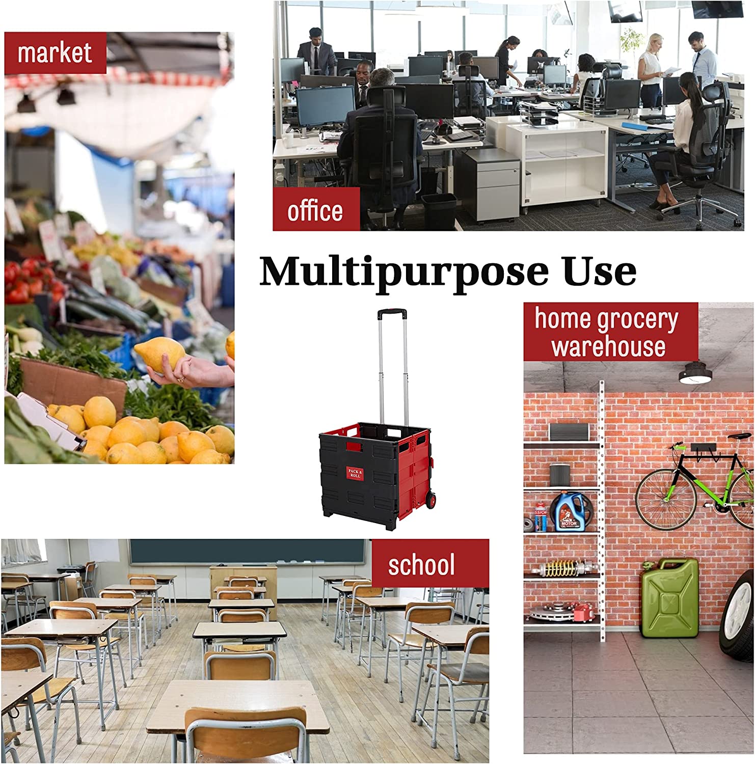 56L Large Folding Rolling Utility Shopping Cart, Black & Red - Bosonshop