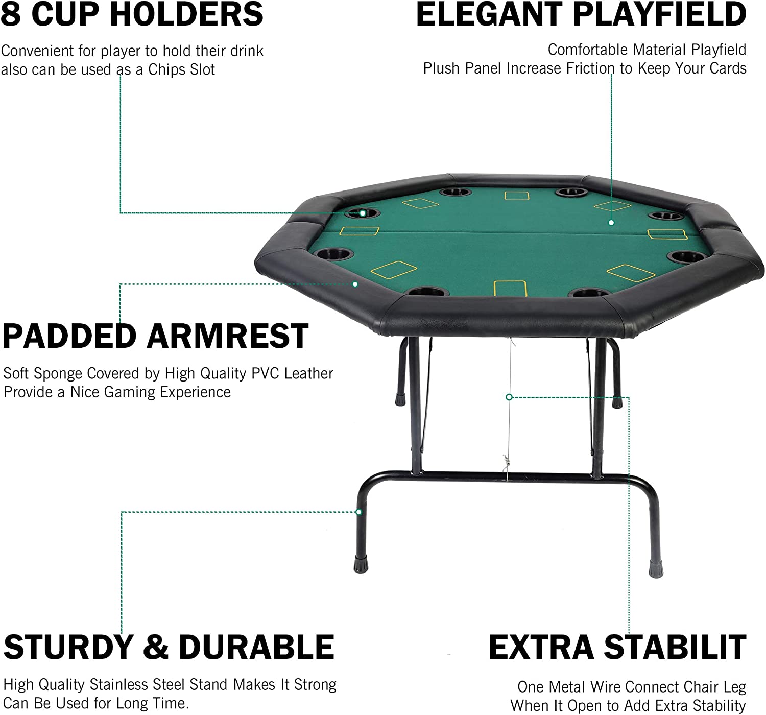 48" Octagon Foldable Poker Table for 8 Player Texas Casino Blackjack Table with Plastic Cup Holders