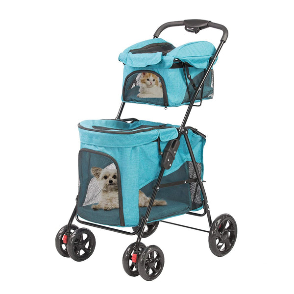 Double Decker Pet Stroller 4 Wheels Lightweight Foldable Dog and Cat Strollers Carrier for Walk, Travel, Jogger
