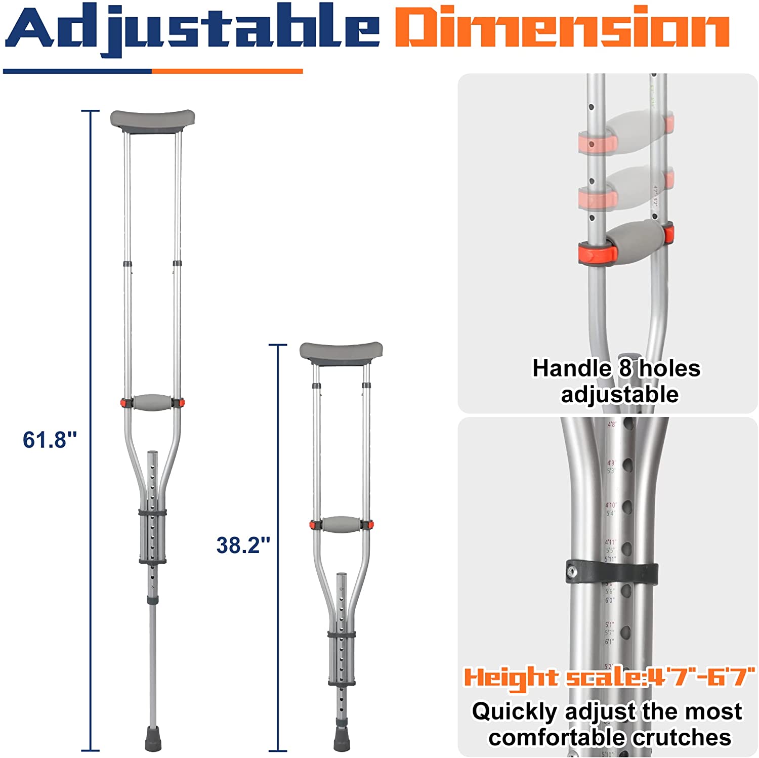 1 Pair Forearm Crutches, Universal Aluminum Non-Slip Crutches w/ Adjustable Height & Turning Arm Cuffs