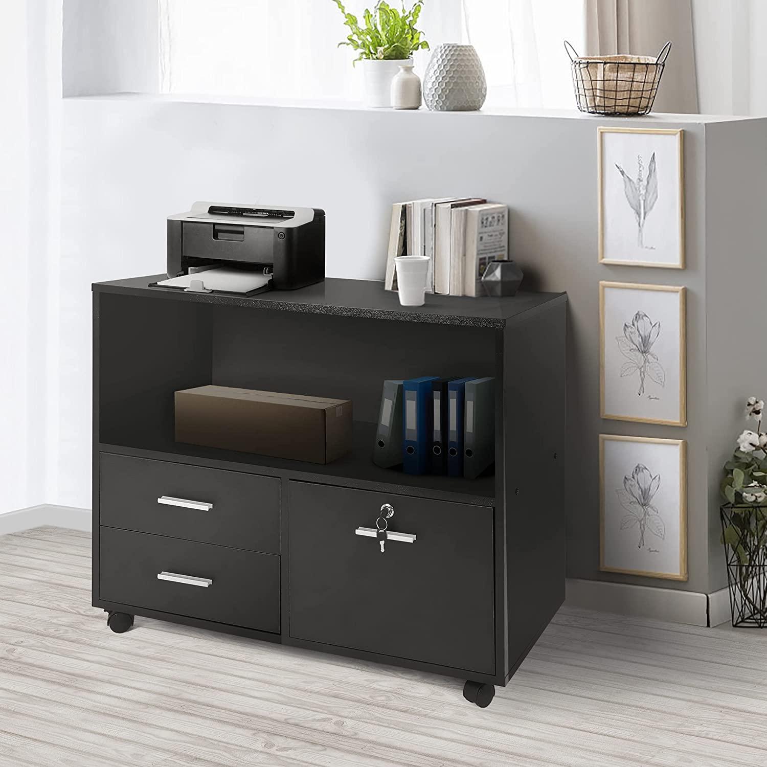 Filing Cabinet Printer Stand Mobile Lateral File Cabinet w/ 3 Drawers & 1 Open Storage Shelves for Home Office Organization, Black - Bosonshop