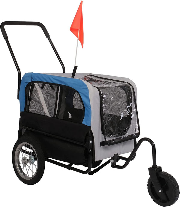 Dog Bike Trailer Cart 2 in 1 Pet Bicycle Stroller for Travel with Reflectors Parking Brake Breathable Protective Net, Blue