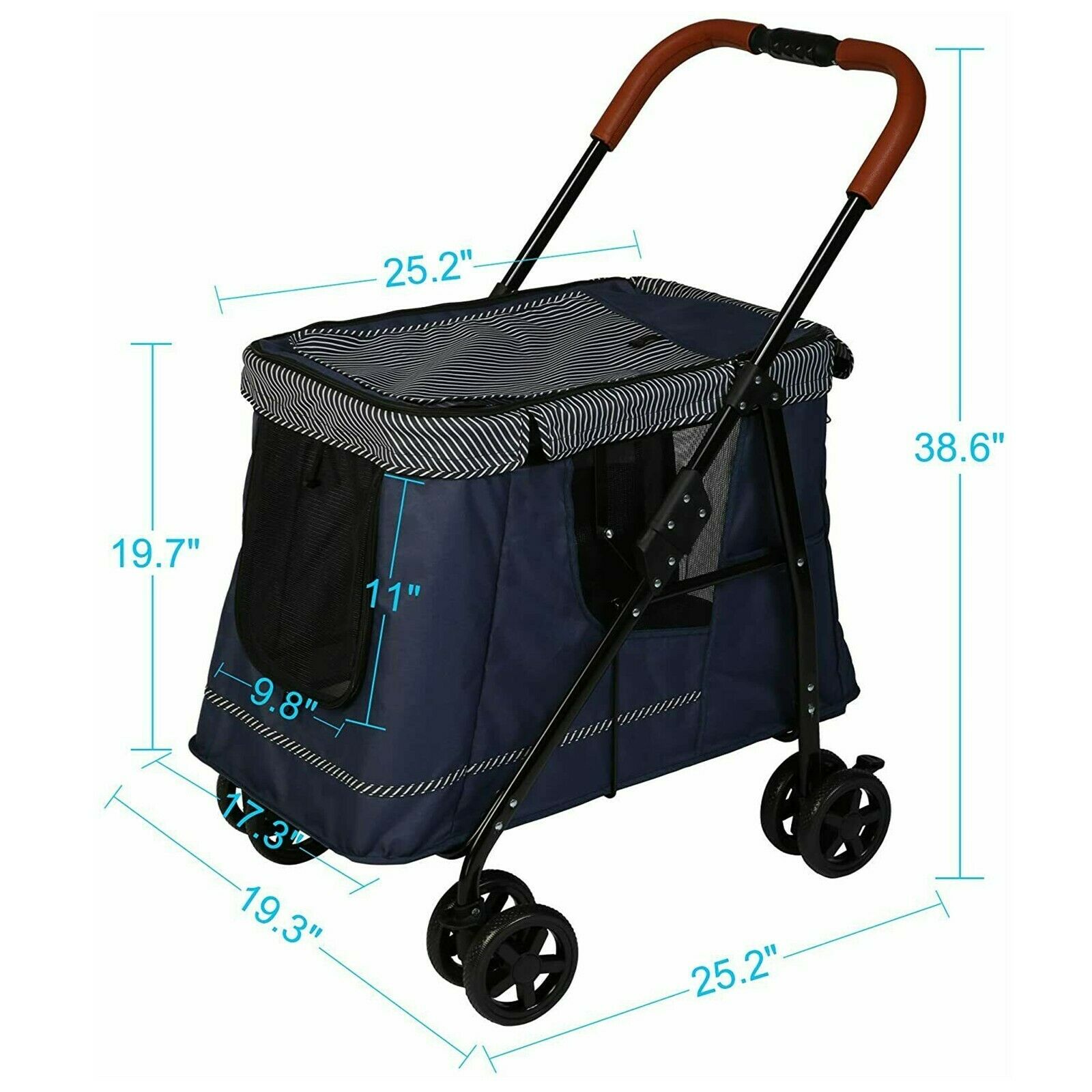 Foldable Large Pet Wagon Cat & Dog Stroller Travel Carriage, Navy - Bosonshop
