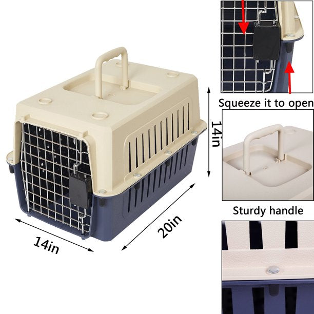 Plastic Cat & Dog Carrier Cage with Chrome Door Portable Pet Box Airline Approved, Medium, Dark Blue