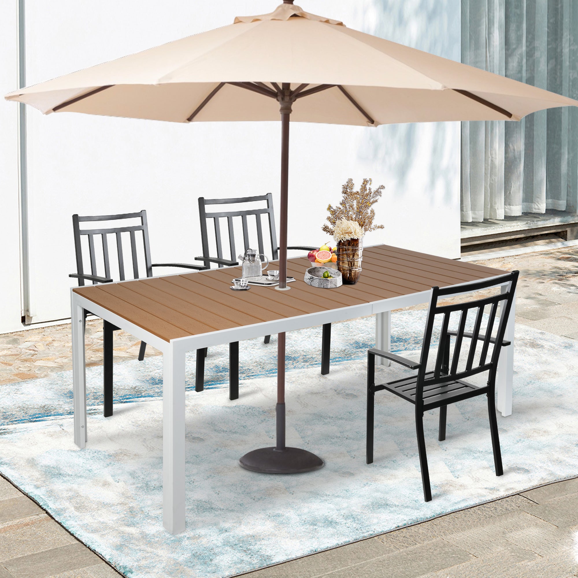 Patio Outdoor Table with Umbrella Hole for 8 Person, 71" Aluminum Frame Rectangle Table
